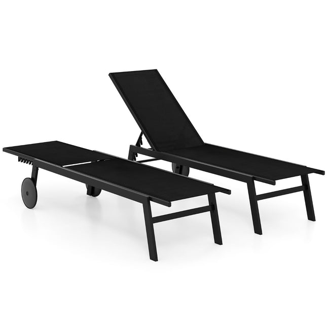 Set șezlong reglabil pentru exterior cu roți, negru