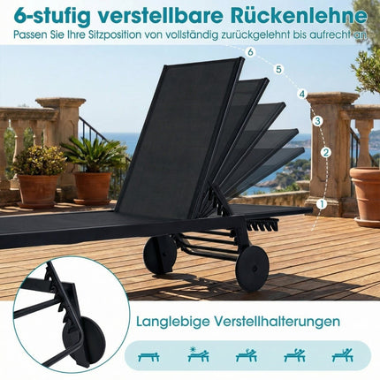 Set șezlong reglabil pentru exterior cu roți, negru