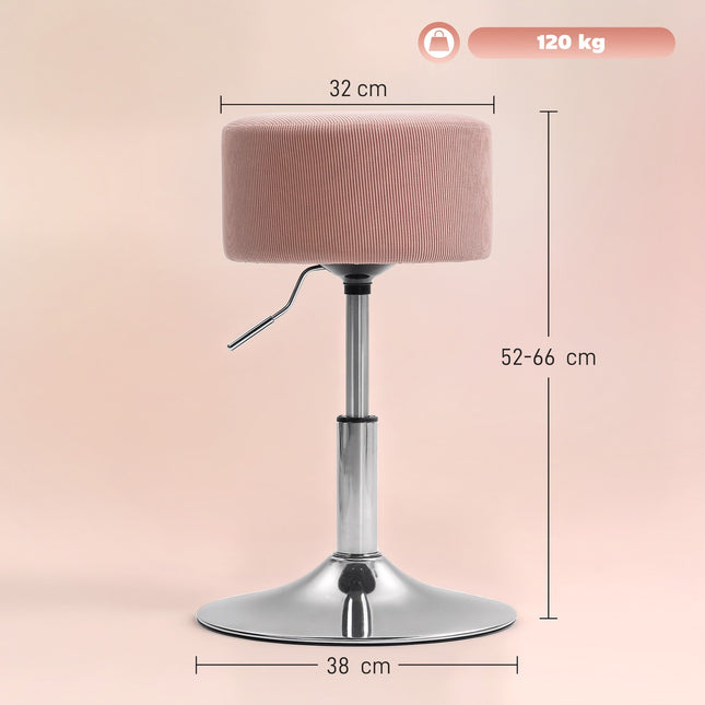 Scaun de bar reglabil din velur roz, pivotant 360°, bază metalică