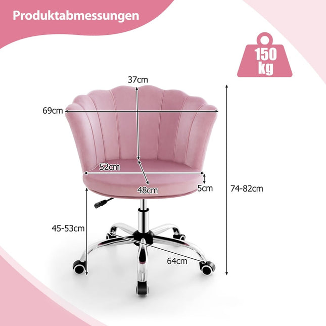 Scaun de birou reglabil din catifea roz cu roți, design ergonomic