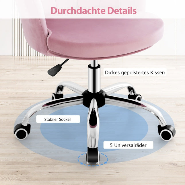 Scaun de birou reglabil din catifea roz cu roți, design ergonomic