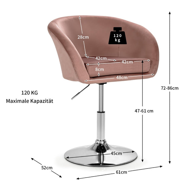 Scaun de bar pivotant, reglabil, din catifea roz, rotație 360°, capacitate 120 kg
