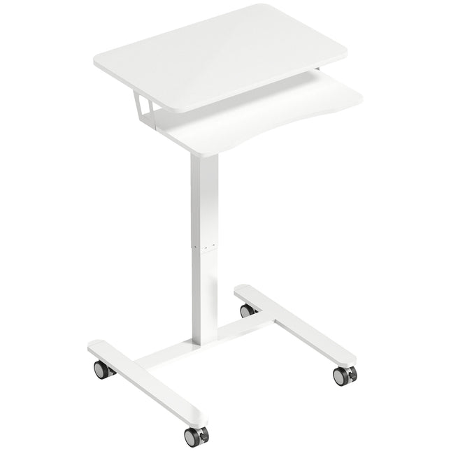 Birou reglabil pe roți, tip sit-stand, cu tavă pentru tastatură, alb