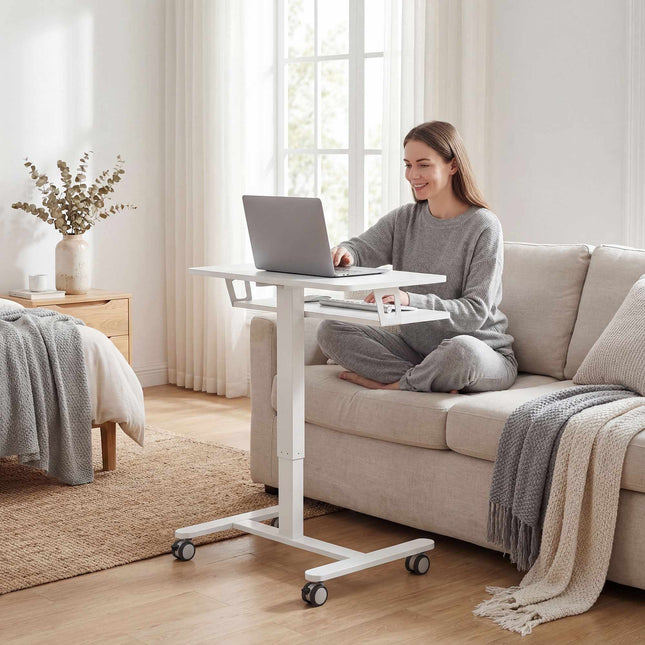 Birou reglabil pe roți, tip sit-stand, cu tavă pentru tastatură, alb