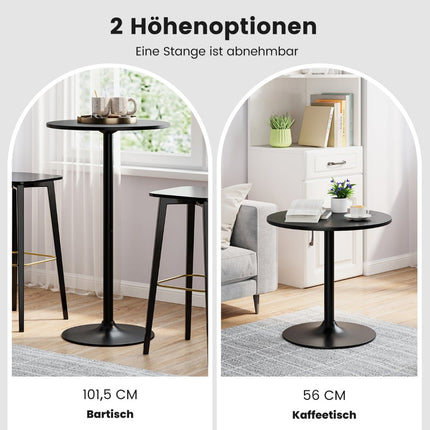 Masă bistro rotundă reglabilă – 60 cm, neagră, 2 înălțimi