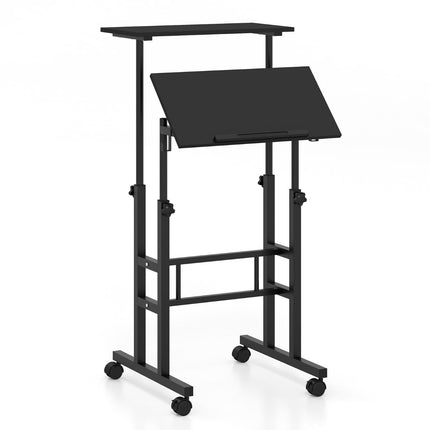 Birou reglabil cu roți, tip sit-stand, negru, MDF și oțel