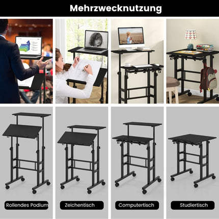Birou reglabil cu roți, tip sit-stand, negru, MDF și oțel