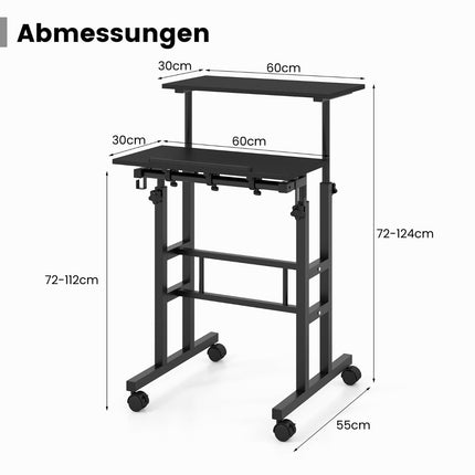 Birou reglabil cu roți, tip sit-stand, negru, MDF și oțel