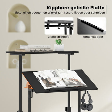 Birou reglabil cu roți, tip sit-stand, negru, MDF și oțel