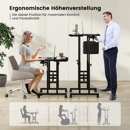 Birou reglabil cu roți, tip sit-stand, negru, MDF și oțel