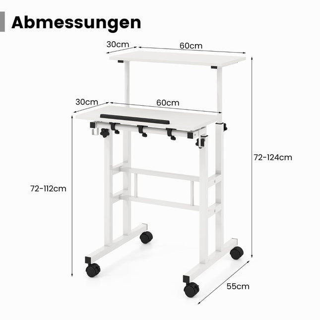 Adjustable Sit-Stand Desk with Wheels, White MDF & Steel