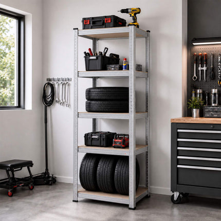 Adjustable Steel Storage Rack with 5 Tiers, 875 kg Max Load, Silver