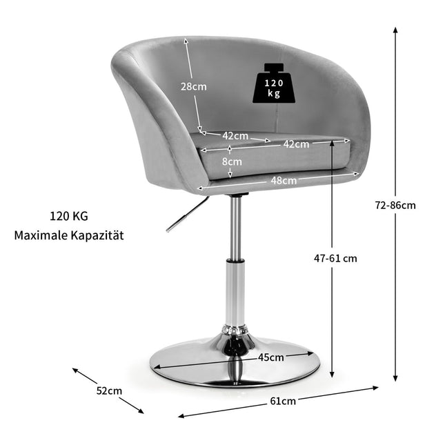 Scaun de bar reglabil, pivotant, din catifea, cu spătar rotund, gri