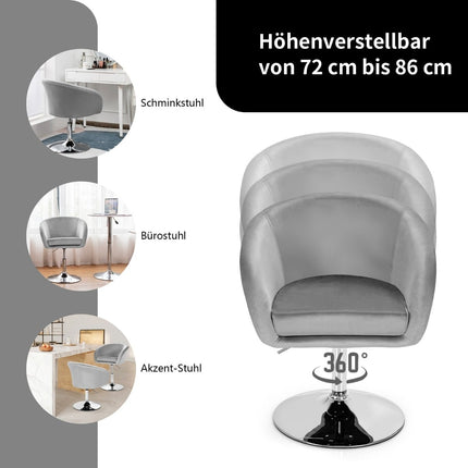 Scaun de bar reglabil, pivotant, din catifea, cu spătar rotund, gri