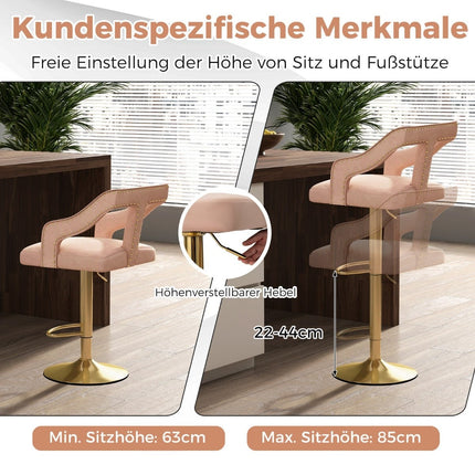 Scaune de bar reglabile din catifea, roz, set de 2, 63-85 cm