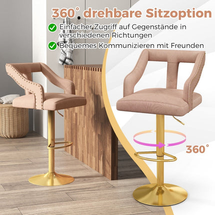 Scaune de bar reglabile din catifea, roz, set de 2, 63-85 cm
