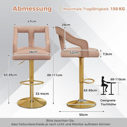 Scaune de bar reglabile din catifea, roz, set de 2, 63-85 cm