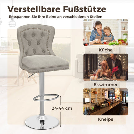 Scaune de bar reglabile din catifea, set de 2, gri, 67-87 cm
