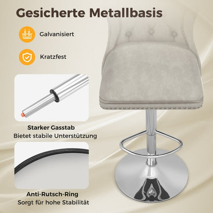 Scaune de bar reglabile din catifea, set de 2, gri, 67-87 cm