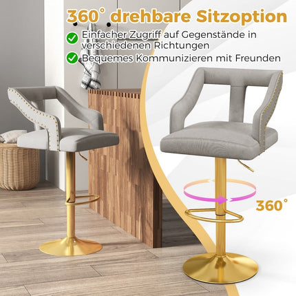 Scaune de bar reglabile din catifea, pivotante, set de 2, gri