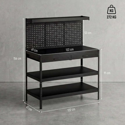 Banc de lucru reglabil cu placă perforată și rafturi, negru, 122x61x156 cm