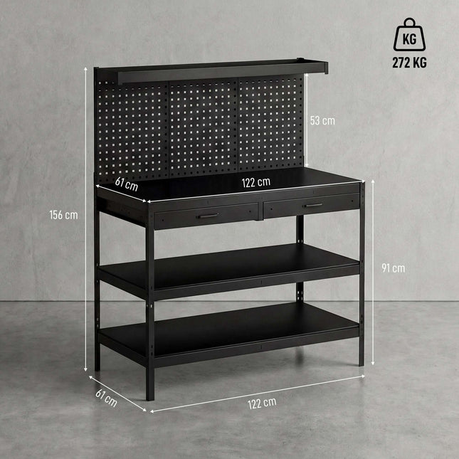 Banc de lucru reglabil cu placă perforată și rafturi, negru, 122x61x156 cm