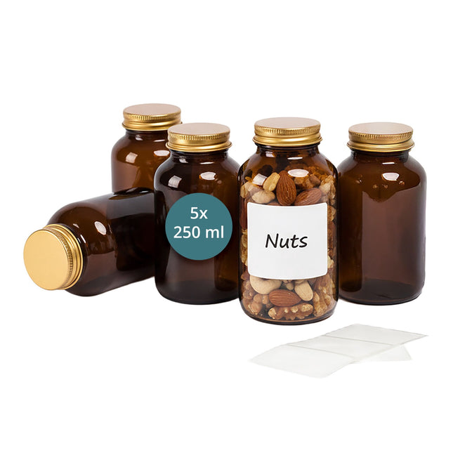 Borcane din sticlă chihlimbar, 250 ml, set de 5, capace etanșe