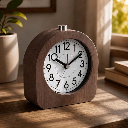 Analogue Beech Wood Alarm Clock with Snooze and Light, Dark Brown