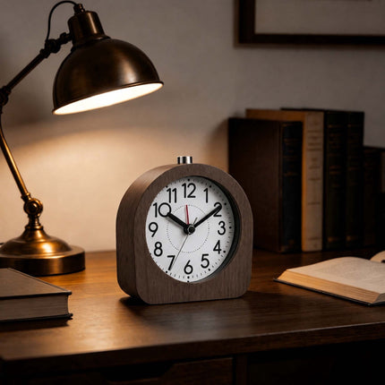 Analogue Beech Wood Alarm Clock with Snooze and Light, Dark Brown