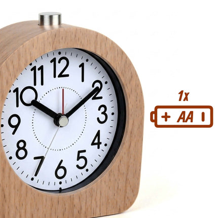 Analogue Beech Wood Alarm Clock with Snooze and Light, Natural