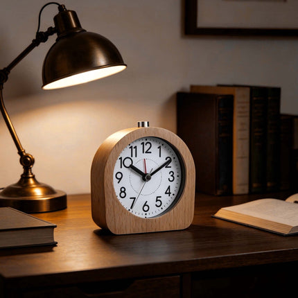 Analogue Beech Wood Alarm Clock with Snooze and Light, Natural