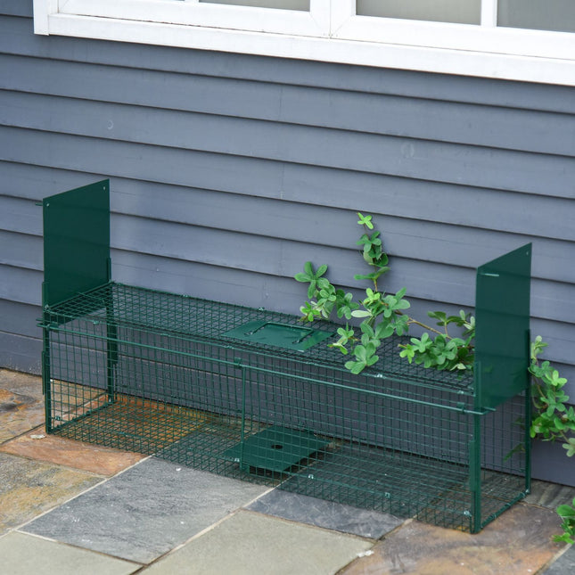 Capcană pentru animale Capcană pentru jder cu 2 intrări, capcană pentru iepuri și pisici, metal, verde închis, 100X25X28Cm