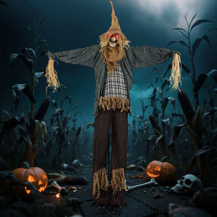 Animated Halloween Scarecrow 7 ft with Glowing Red Eyes, Moving Hat