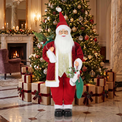 Animated Singing Santa 120 cm with Stocking and Gift Sack, Turning Head, Red