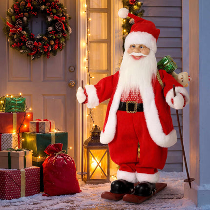 Animated Ski Santa 66 cm with Gift Sack and Ski Poles, Sound Activated, Red