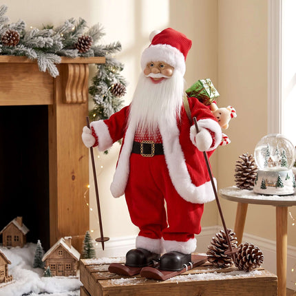 Animated Ski Santa 66 cm with Gift Sack and Ski Poles, Sound Activated, Red