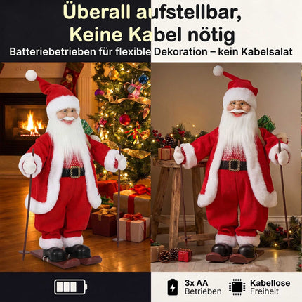 Animated Ski Santa 66 cm with Gift Sack and Ski Poles, Sound Activated, Red