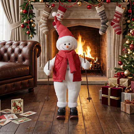 Animated Skiing Snowman Figure 65 cm with Skis and Poles, Plays Music, Red