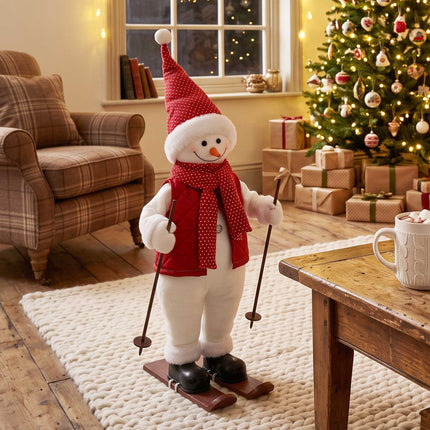 Animated Skiing Snowman Figure 65 cm with Skis and Poles, Plays Music, Red