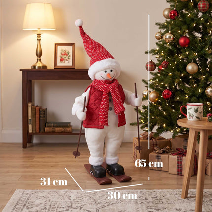 Animated Skiing Snowman Figure 65 cm with Skis and Poles, Plays Music, Red
