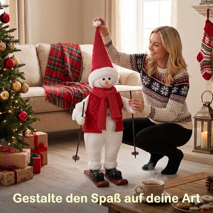 Animated Skiing Snowman Figure 65 cm with Skis and Poles, Plays Music, Red