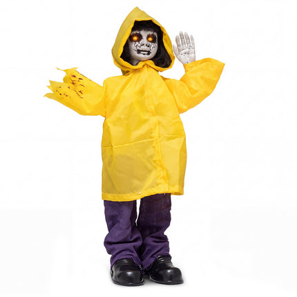 Animatronic Haunted Boy with Light-Up Eyes and Creepy Sounds, Yellow