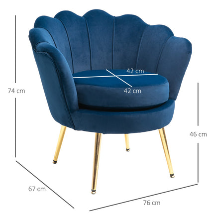 Fotoliu Fotoliu tapitat în formă de scoică Scaun de relaxare cu picioare metalice Scaun de toaletă cu aspect catifelat pentru dormitor Sufragerie Albastru Aosom