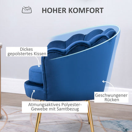 Fotoliu Fotoliu tapitat în formă de scoică Scaun de relaxare cu picioare metalice Scaun de toaletă cu aspect catifelat pentru dormitor Sufragerie Albastru Aosom