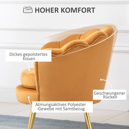 Fotoliu Fotoliu tapitat în formă de scoică Scaun de relaxare cu picioare metalice Scaun de toaletă cu aspect catifelat pentru dormitor Sufragerie Galben Aosom