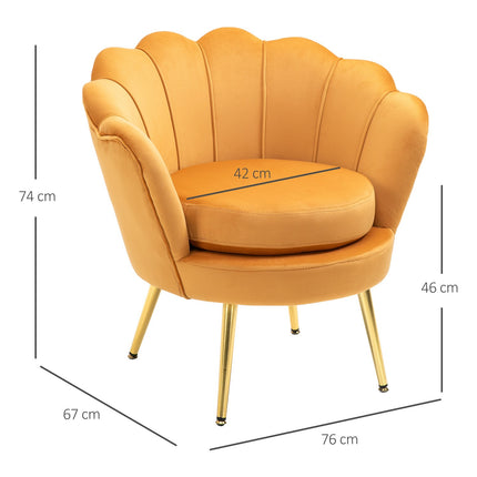 Fotoliu Fotoliu tapitat în formă de scoică Scaun de relaxare cu picioare metalice Scaun de toaletă cu aspect catifelat pentru dormitor Sufragerie Galben Aosom