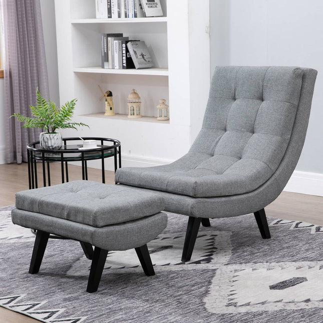 Gray chaise longue in linen with footstool - rubberwood legs