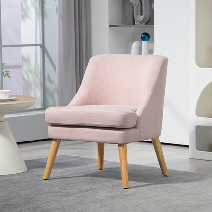 Pink lounge chair in linen look with armrests, wooden legs