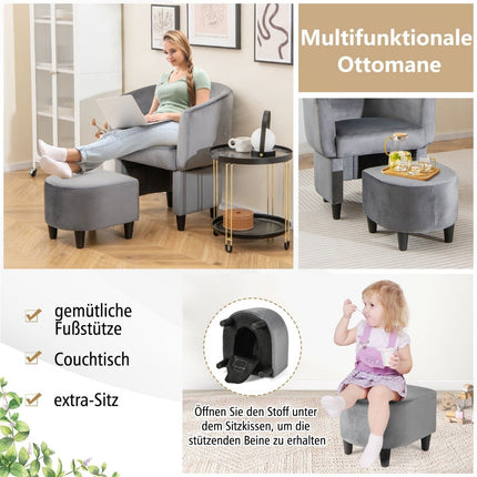 Armchair with footstool, upholstered velvet armchair, club chair, solid wood, grey