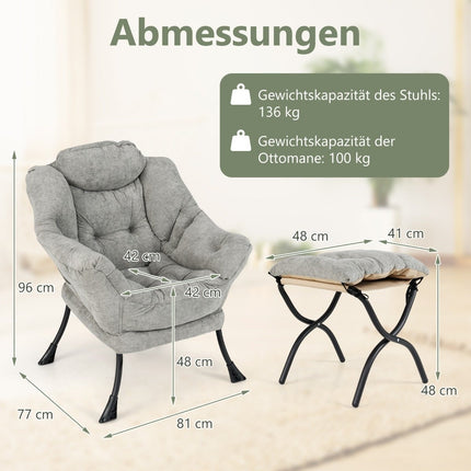 Armchair with stool & armrests & side pocket & double-sided footrest relaxation chair gray